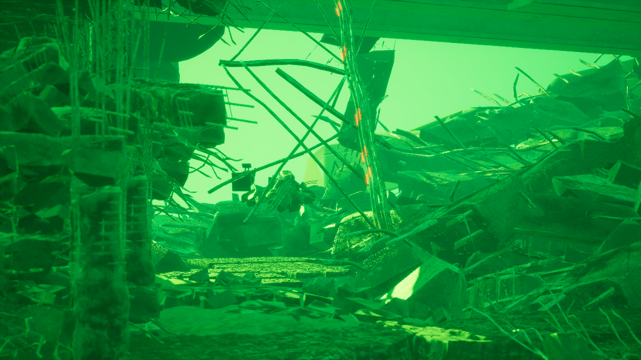 VR scene — collapsed interior with steel beams, night-vision green